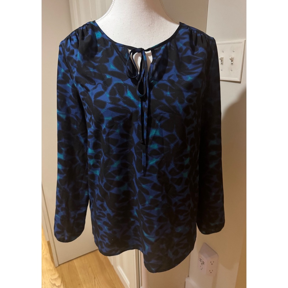 J.Crew XXS‎ Blue Black Leaf Print Tie Neck Long Sleeve Blouse Top EUC